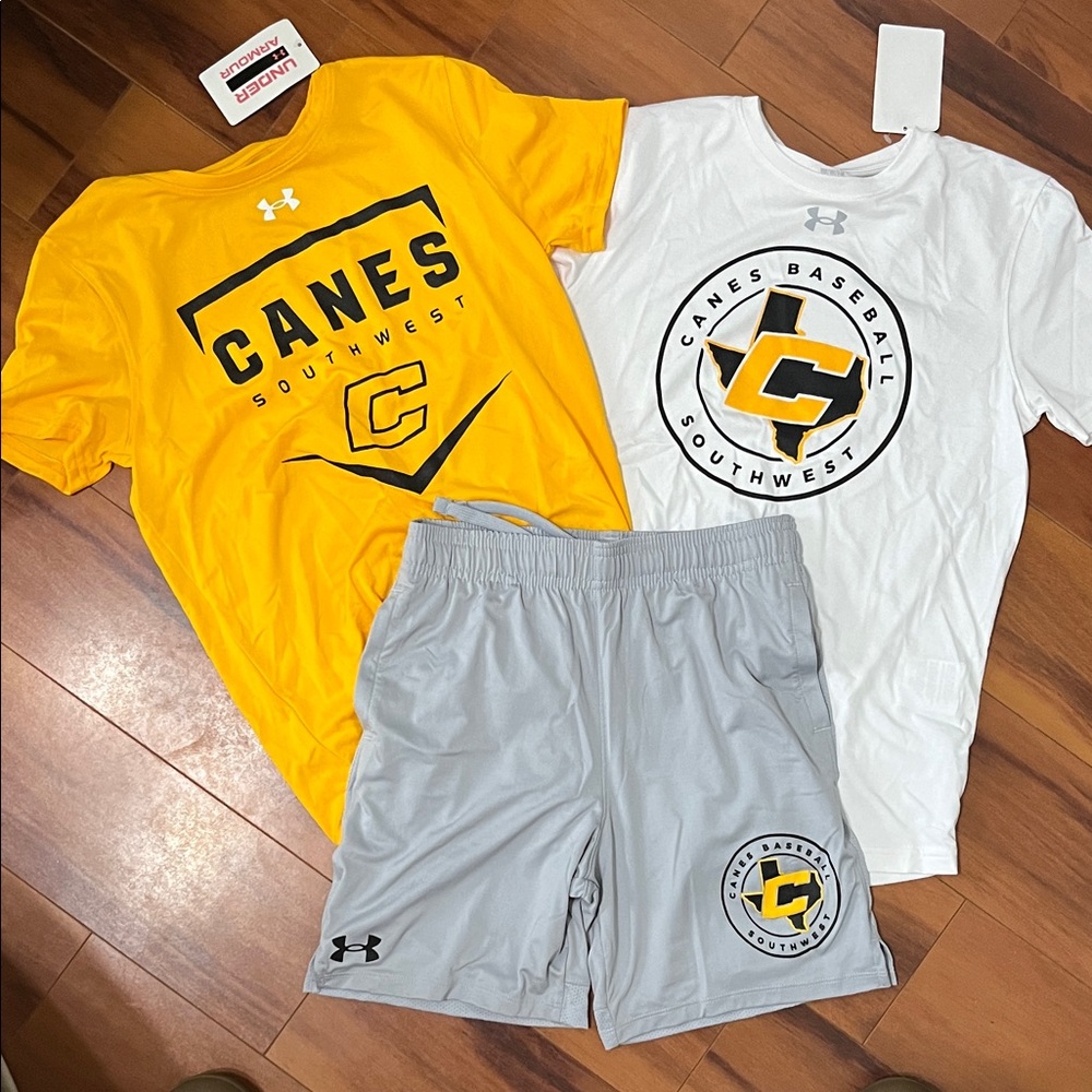 Under Armour Canes Baseball practice shirts and shorts